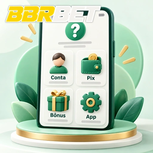 BBRBET — ilustração de celular com categorias de ajuda sobre conta, Pix, bônus e aplicativo