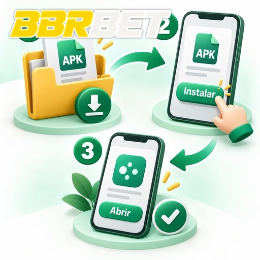 BBRBET — ilustração das etapas de baixar, instalar e abrir um APK no celular