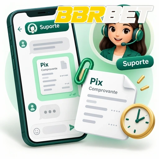 BBRBET — ilustração de atendimento por chat com comprovante Pix e relógio