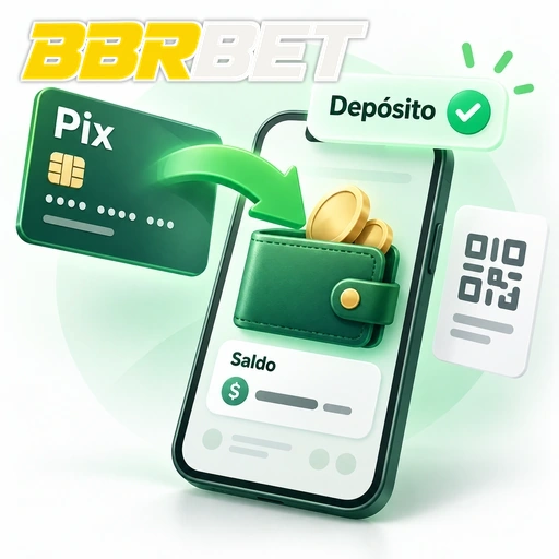 BBRBET — ilustração de depósito Pix com QR code, carteira e saldo no celular