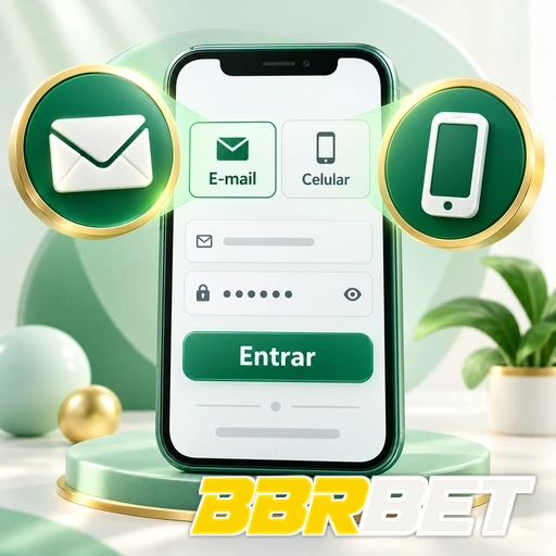 BBRBET — ilustração de login no celular com opções de e-mail e número de telefone