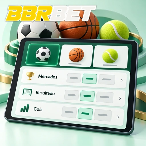 BBRBET — ilustração de mercados esportivos em tablet com bolas de diferentes esportes